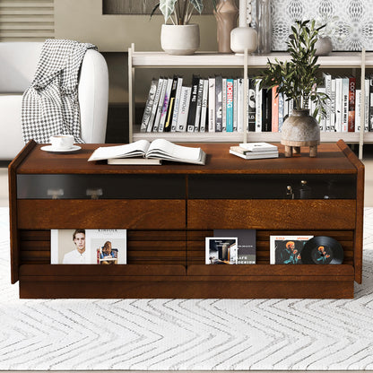 U-Can Modern Rectangle Coffee Table With 4 Drawers And 2 Display Shelves, 47.2  Wood Coffee Table With Fluted Style, Tempered Glass For Living Room
