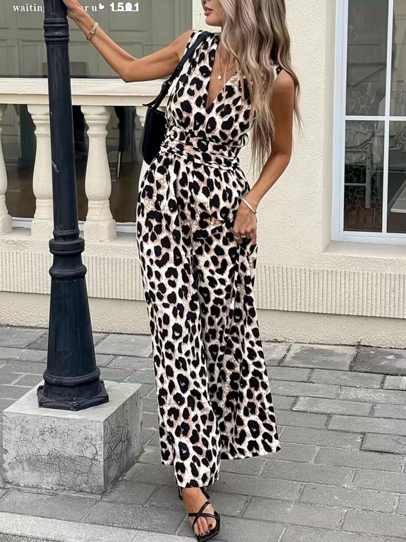Sleeveless V-Neck Leopard Print Wide Leg Jumpsuit