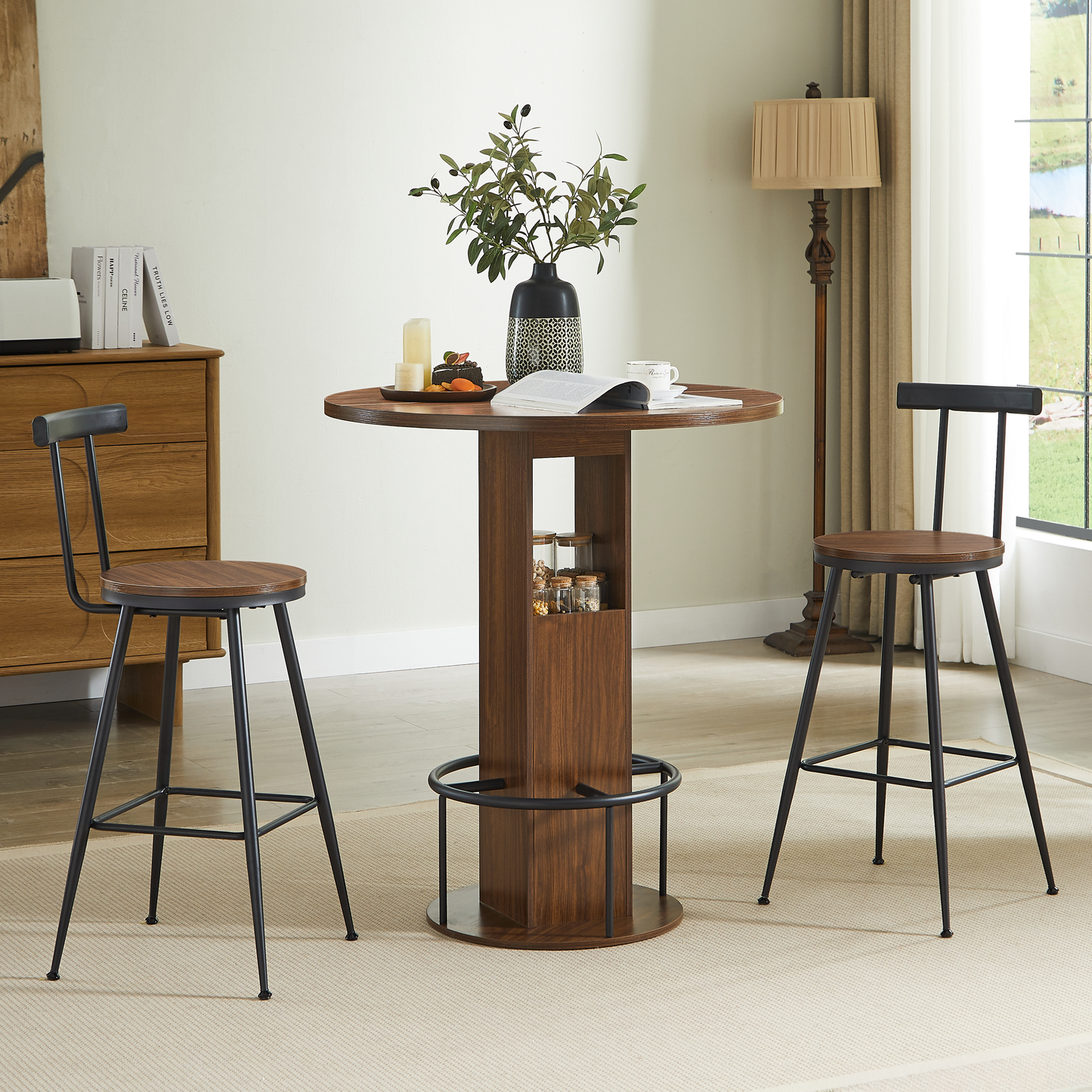 3-Piece Bar Table And Stool Set 31.5-inch Round Bar Table With Two Stools Compact Wooden Dining Bar With Metal Ring Footrest Ideal For Restaurants, Cafes, Bars, Living Rooms, And Small Spaces,Walnut
