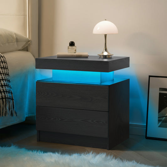 Nightstand LED Bedside Table Cabinet Lights Modern End Side With 2 Drawers For Bedroom Black Woodgrain