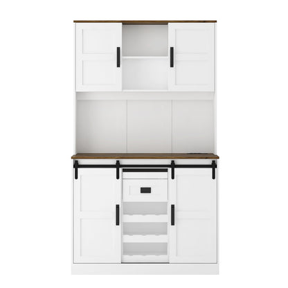 Farmhouse Bar Cabinet With Sliding Barn Door, Large Kitchen BuffetRustic Coffee Bar Sideboard Table,White