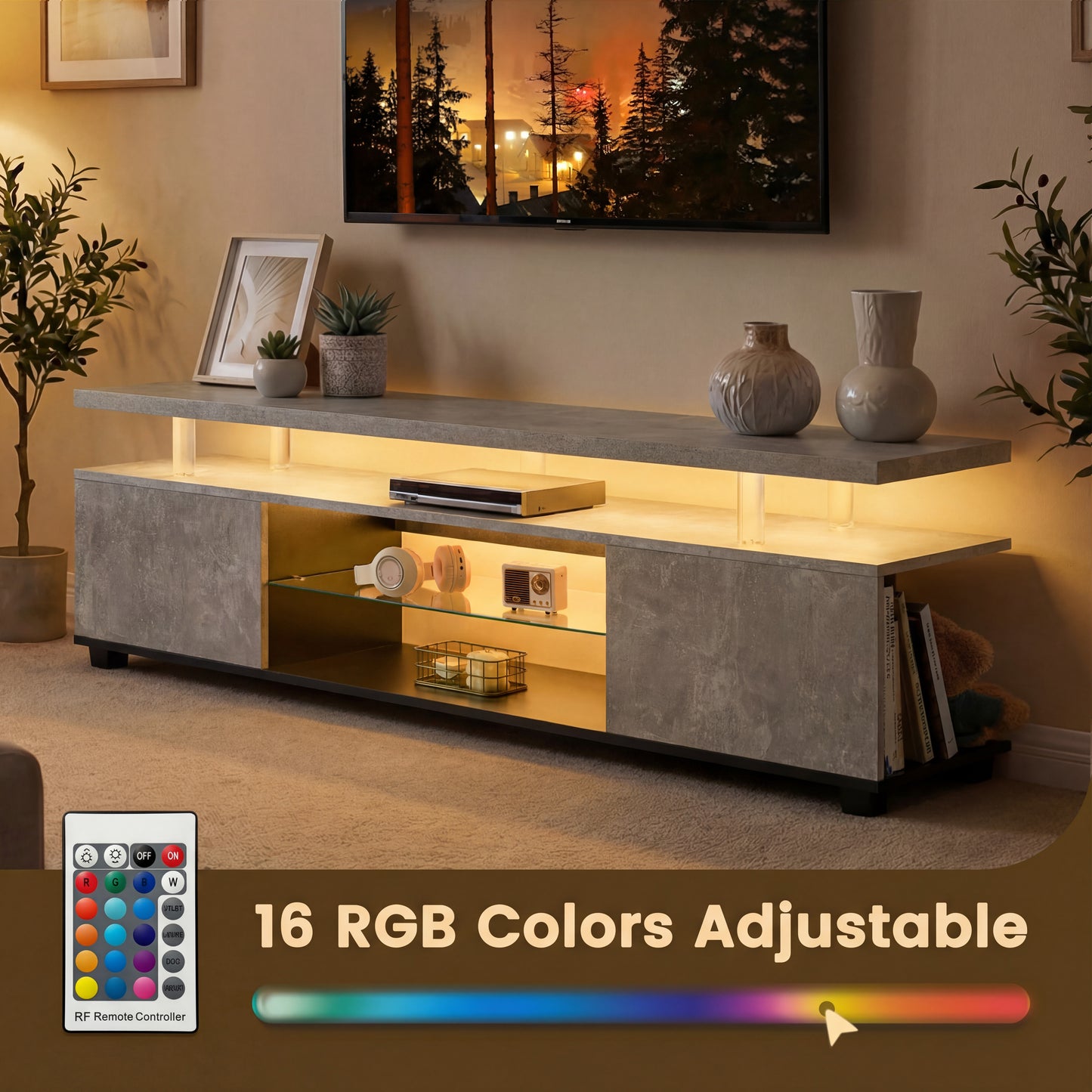 TV Stand For 70 Inch TV LED Gaming Entertainment Center Media Storage Console Table With Large Side Cabinet For Living Room Gray