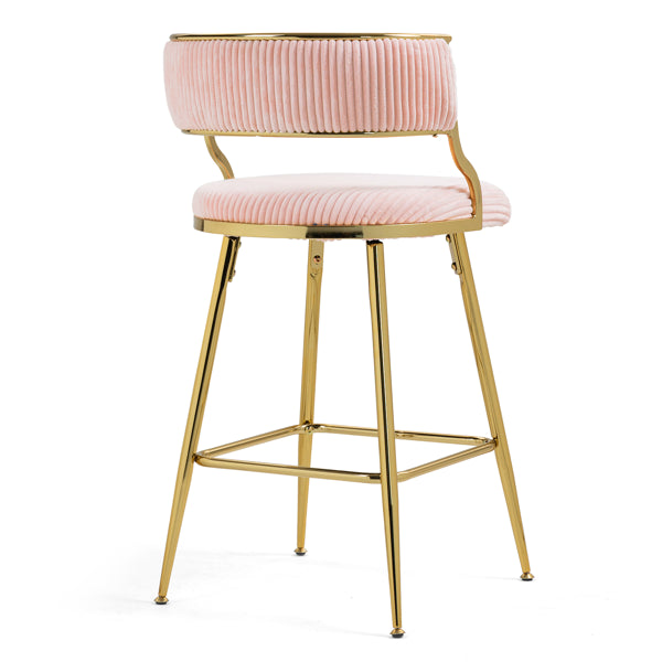 (SET Of 2) 26'' Counter Height Bar Stools Corduroy Kitchen Island Counter Bar Stool With Back,golden Chromed Base And Footrest (PINK)
