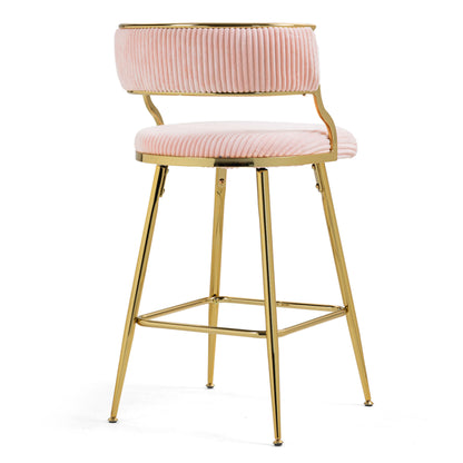 (SET Of 2) 26'' Counter Height Bar Stools Corduroy Kitchen Island Counter Bar Stool With Back,golden Chromed Base And Footrest (PINK)