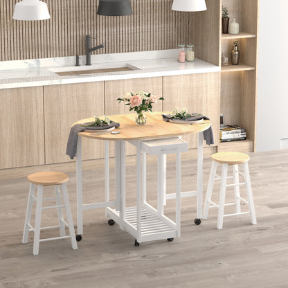 3 Pieces Dining Room Set, Mobile Foldable Dining Table And 2 Stools With Storage Shelf, 2 Drawers And 6 Wheels, Drop Leaf Bar Table And Stools For Home Kitchen Pub, White
