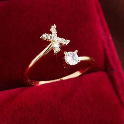 Adjustable Copper Initial Ring with Four-Claw Round Zirconia