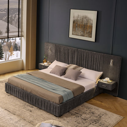 King Size Upholstered Bed Frame With Chenille Fabric With Pleated Design,Grounded King Size Platform Bed With Headboard And Solid Frame And The Bedside Table.No Box Spring Needed-DARK GREY