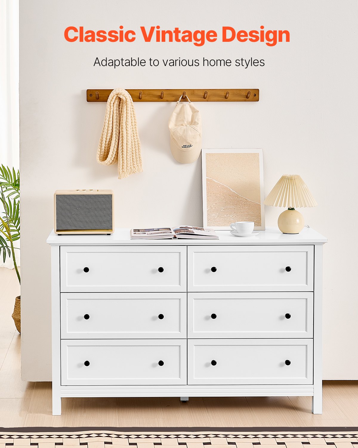 6 Drawer Dresser, Wooden Chest Of Drawers With Sliding And Anti-tip Device, Retro Minimalist Dresser Chest, Closet Storage TV Stand Organizer For Living Room, Hallway, Bedroom, Entryway, White