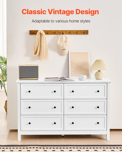 6 Drawer Dresser, Wooden Chest Of Drawers With Sliding And Anti-tip Device, Retro Minimalist Dresser Chest, Closet Storage TV Stand Organizer For Living Room, Hallway, Bedroom, Entryway, White