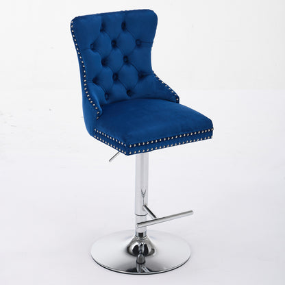Thick Chrome Swivel Velvet Barstools,Adjustable 25-33 Height,Modern Upholstered With17.7 Base,Tufted Buttons&Diamond Pleating,Sponge&Spring Seat,for Home Pub&Kitchen Island Blue, Set Of 2