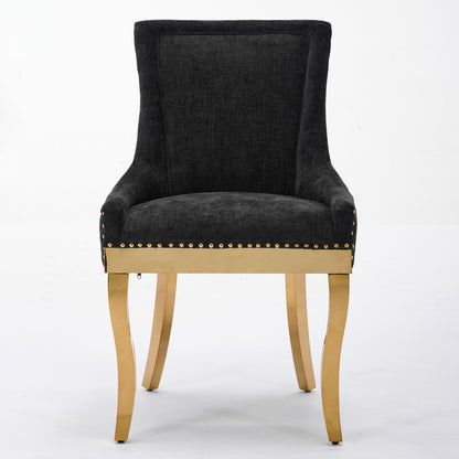Chenille Dining Chairs, Modern Style With Curved Gold - Plated Legs & Rivet Trim, Upholstered Comfort For Dining Lounge, Accent Seating With Textured Fabric & One - Piece Structure, Black,Set Of 2