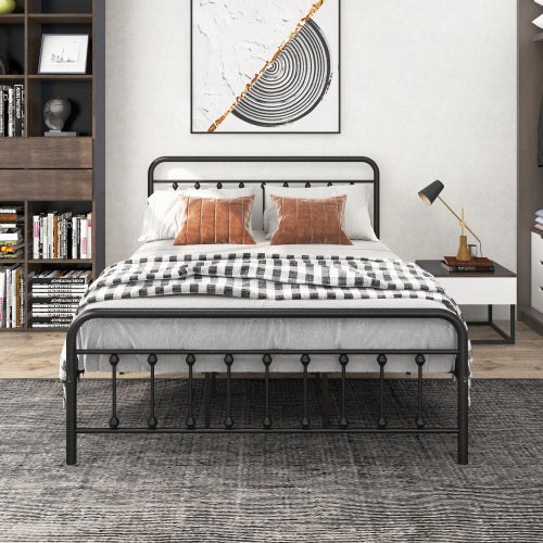 Metal Platform Bed Frame, Victorian Style Headboard Footboard Under Bed Storage No Box Spring Needed Queen Size Black