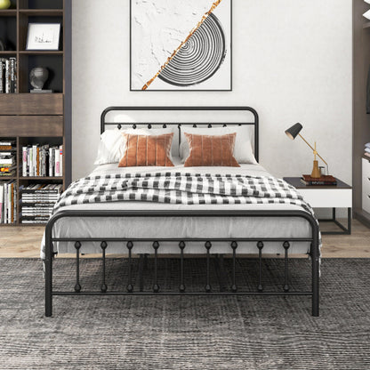 Metal Platform Bed Frame, Victorian Style Headboard Footboard Under Bed Storage No Box Spring Needed Queen Size Black