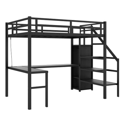 Twin XL Size Loft Bed With L-shaped Desk And USB, Metal Loft Bed With Wardrobe And Adjustable Shelf, High Loft Bed With LED For Kids Teens Adults, Black