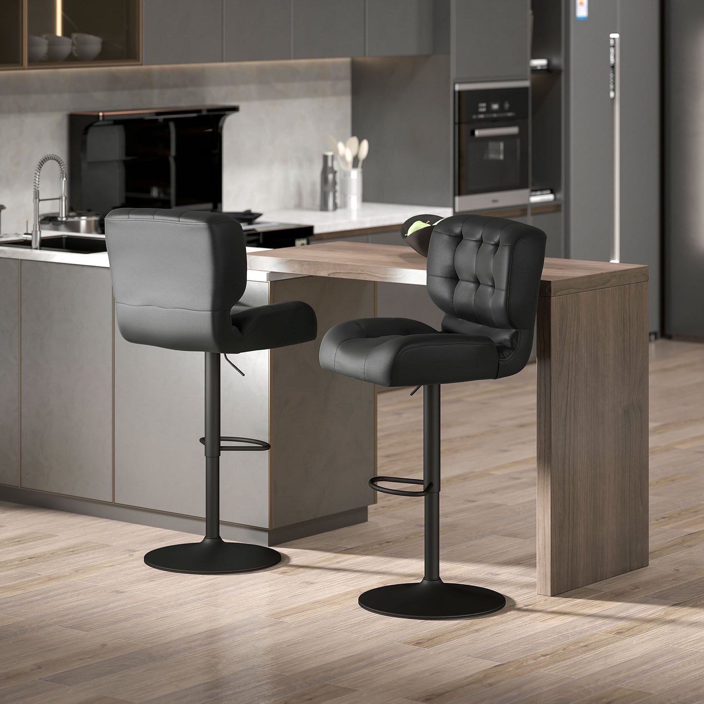 Bar Height Bar Stools Set Of 2 With Adjustable Seat, Adjustable Swivel Barstools With Thick Padded Cushion And Metal Footrest For Home Bar, Black
