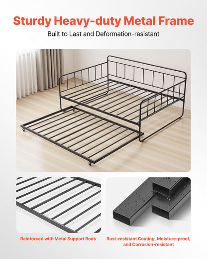 Full Size Daybed Frame, Day Bed With Trundle, Heavy Duty Metal Platform Bed Frame, Full Daybed With Metal Slats Support For Living Room, Bedroom, Guest Room, Easy Assembly, Black