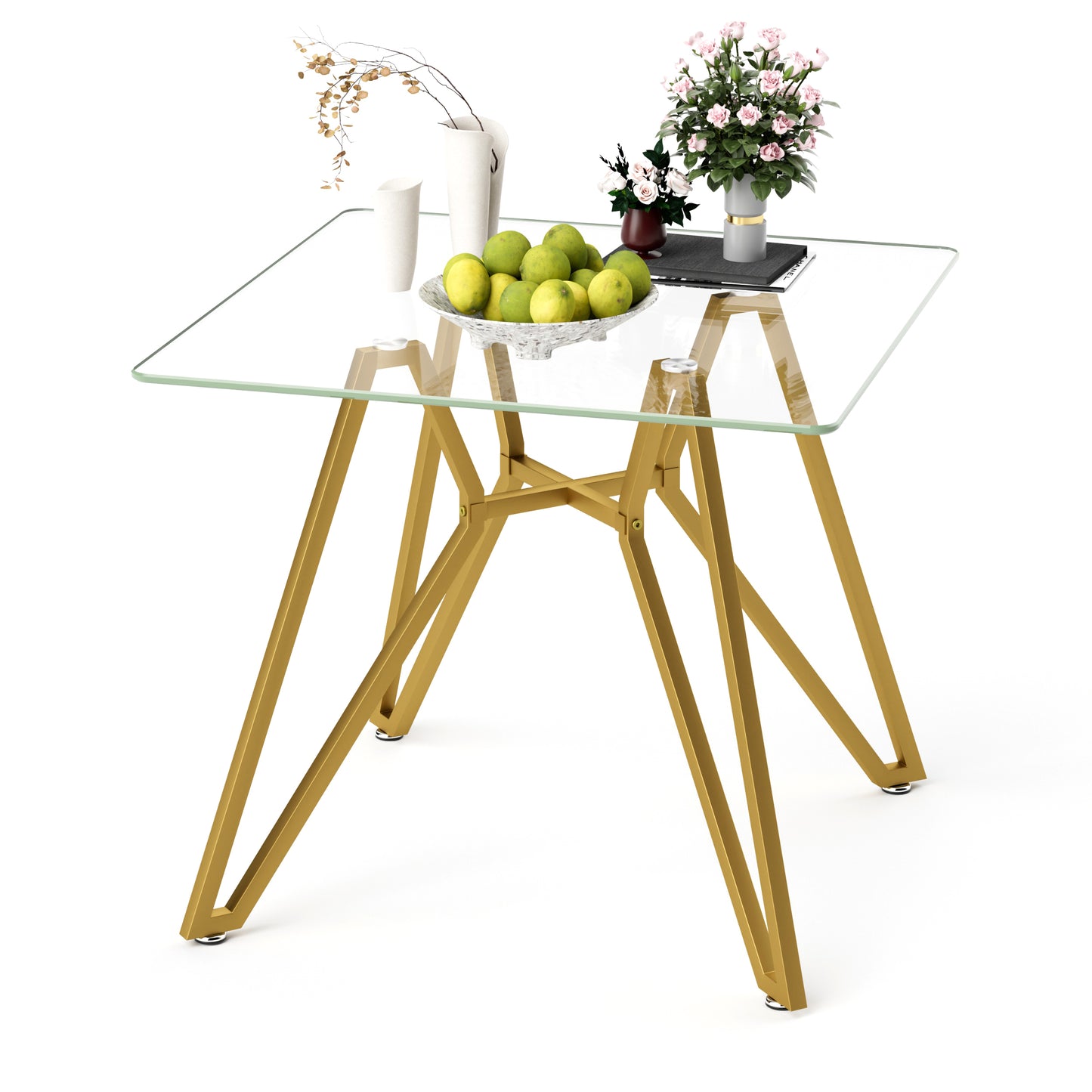 35.4-inch Square Tempered Glass Dining Table, Suitable For 2-4 People, Space-saving Small Kitchen Dining Table, Equipped With Sturdy Metal Table Legs,suitable For Dining Room, Living Room,Gold