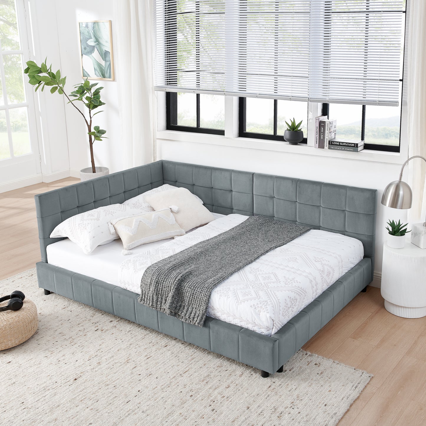 Full Size Upholstered Tufted Bed Frame, Sofa Bed Frame With Comfortable Backrest And Armrests, Full Size Bed For Bedroom, Living Room,Velvet, Grey 80.5x59x30.5