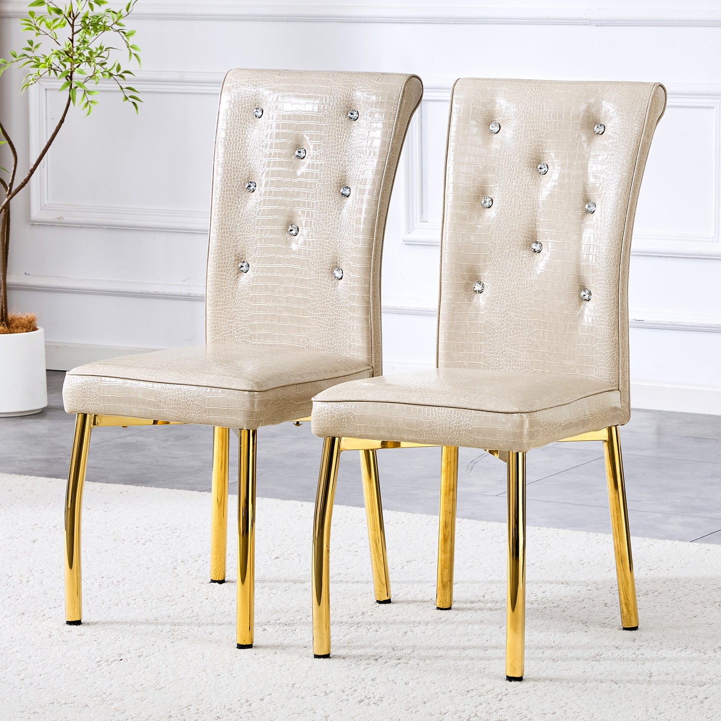 A Set Of 2 Beige And Gold Vintage Crocodile Leather Cushioned Dining Chairs, Featuring Crystal Clasp Design And Artificial Leather Design, Adding A Touch Of Elegance And Mystery To The Dining Area