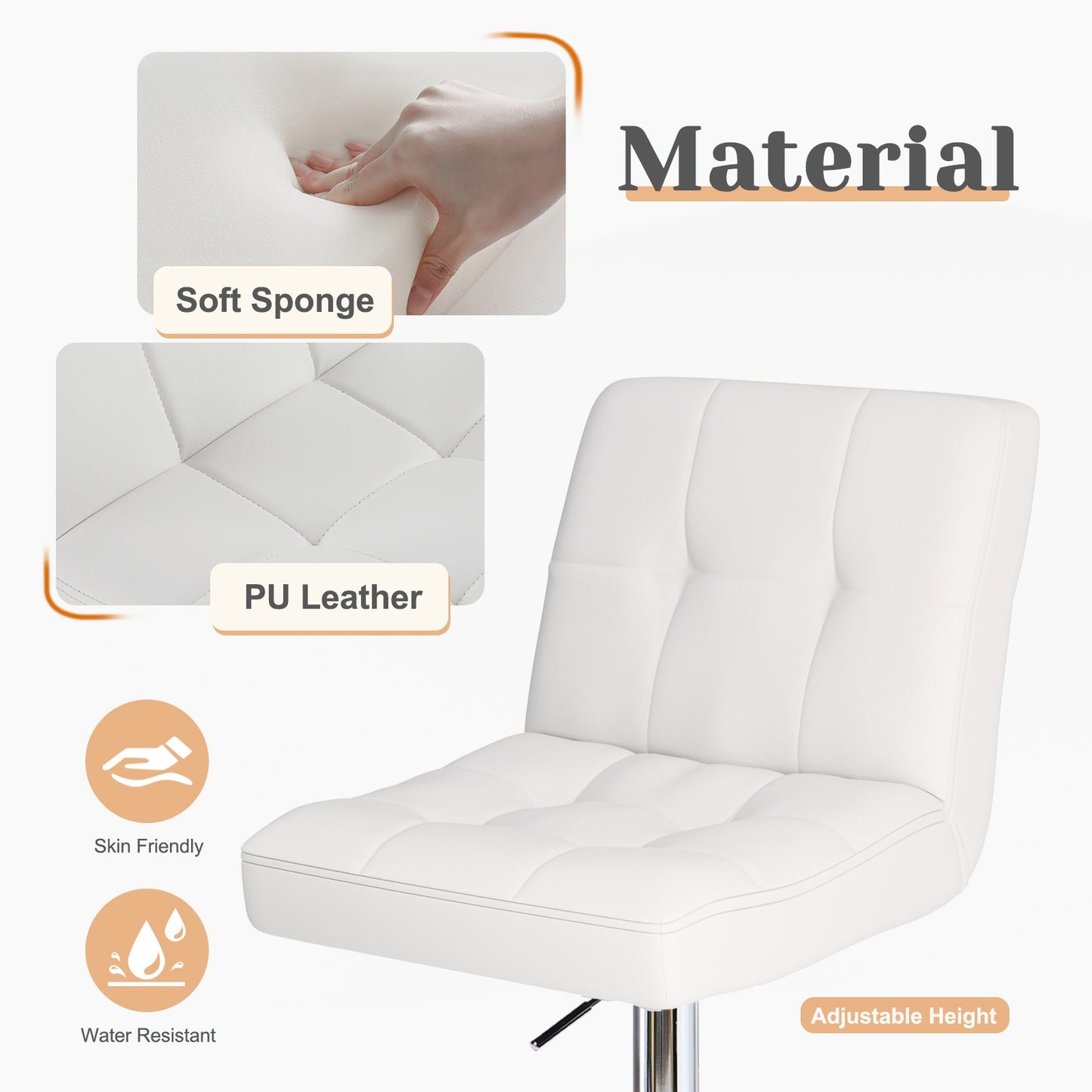 Bar Stools Set Of 4, Counter Height Barstools,Square Seat Cushion Barstool With Back, Height Adjustable PU Leather Swivel Barstool ,White