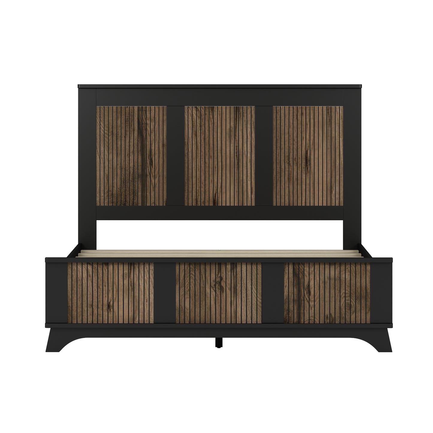 4-Pieces Bedroom Sets, Queen Size Farmhouse Platform Bed With Wooden Strip Stickers Decoration, Storage Nightstand And Dresser With Metal Handle, Black