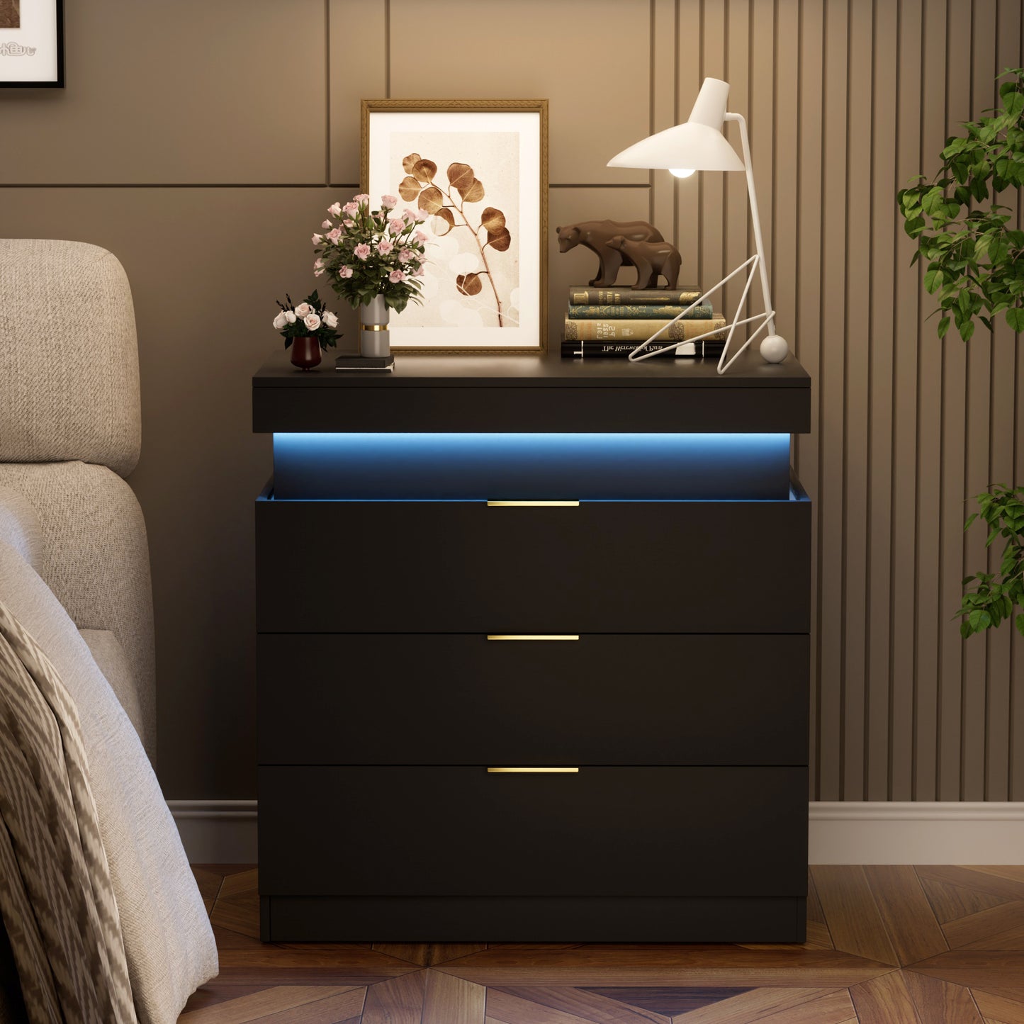 Nightstand With Charging Station And LED Lights,Night Stand With Sliding Top For Bedroom,Bedside Table With Drawers,Modern End Side Table,Black.28.8 W X 17 D X 30.5 H.