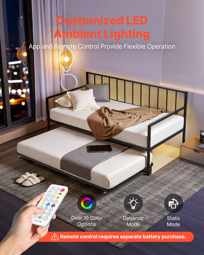Twin Size Daybed Frame, Height Adjustable Day Bed With Trundle, Heavy Duty Metal Platform Bed Frame With LED Light And Charging Station, Twin Daybed With Metal Slats For Living Room, Bedroom