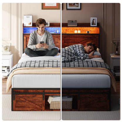 Queen-size Bed Frame With Storage Headboard, Footboard Storage Compartments And LED Lighting, Equipped With Anti-slip & Noise-free Mattress-support Metal Platform And Robust Metal Slat Support, Brown
