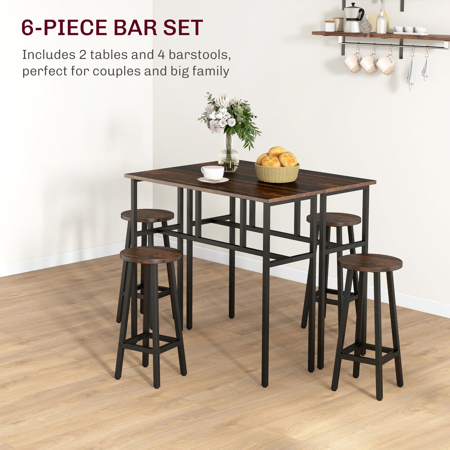 6-Piece Bar Table Set, Counter Height Kitchen Dining Set With 2 High Tables & 4 Stools, Space Saving Compact Bar Furniture For Small Kitchens And Flats, Multiple Arrangements, Rustic Brown