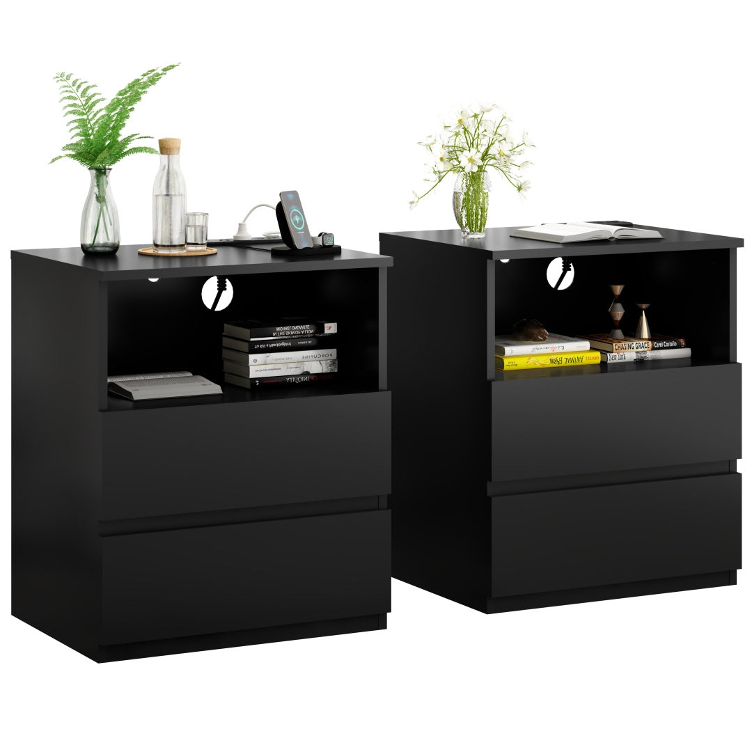 Set Of 2  End Table With Fast USB C Charging Station, Sofa Side Table With 2 Drawers, Large Storage Modern Wood Storage Cabinet For Living Room,Bedroom,Office, Black