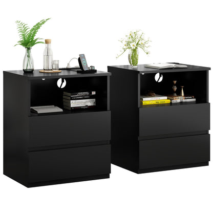 Set Of 2  End Table With Fast USB C Charging Station, Sofa Side Table With 2 Drawers, Large Storage Modern Wood Storage Cabinet For Living Room,Bedroom,Office, Black