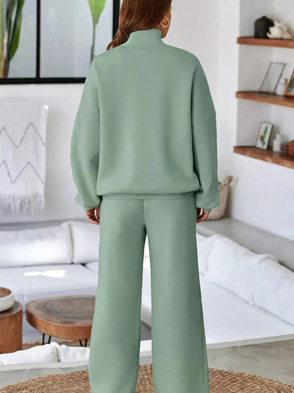 Drop Shoulder Zip Up Jacket and Drawstring Pants Active 2pcs Set