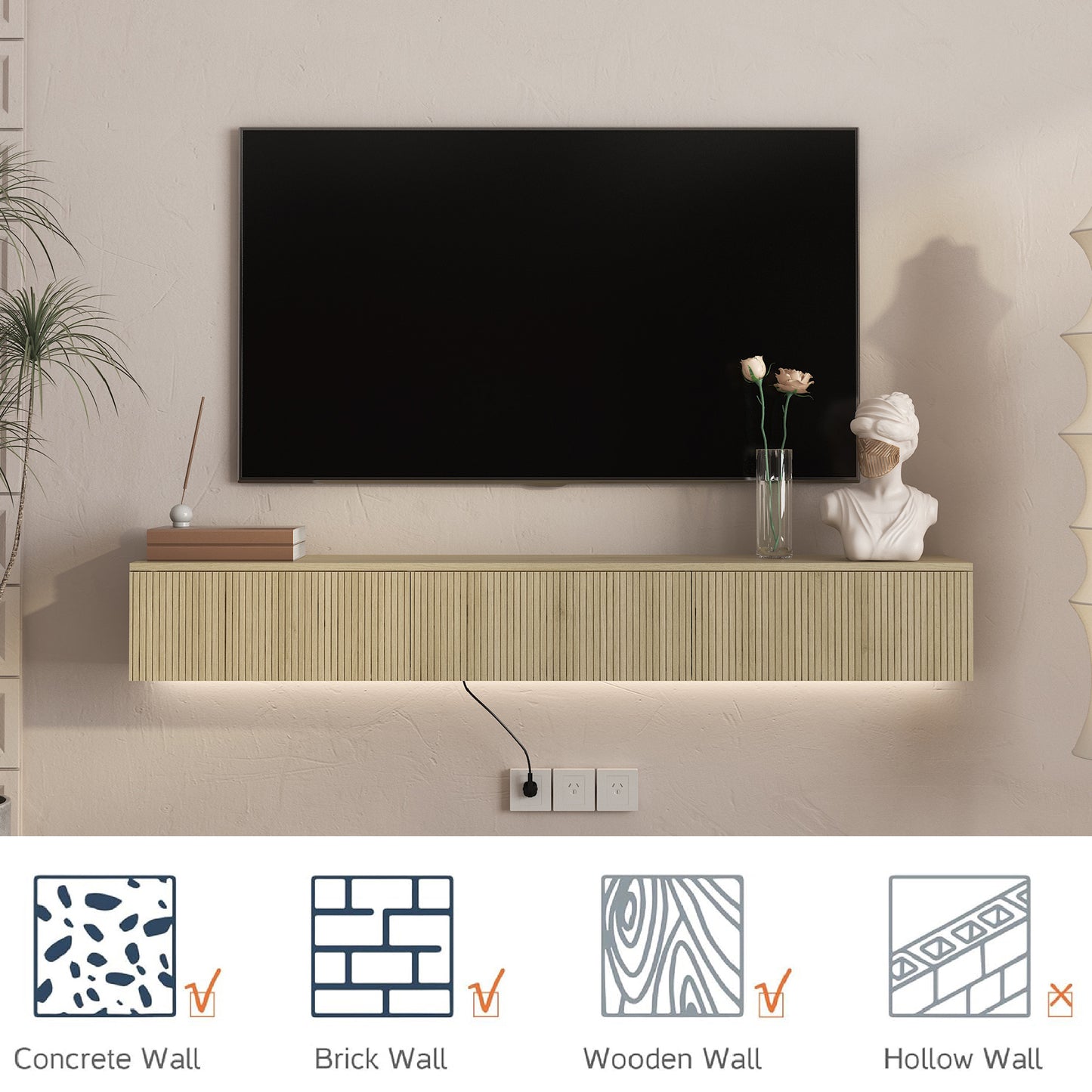 Floating TV Stand Wall Mounted With 16 Color LEDs,65inch Modern TV Stand, Floating TV Cabinet Entertainment Center For 55 60 65 Inch TV