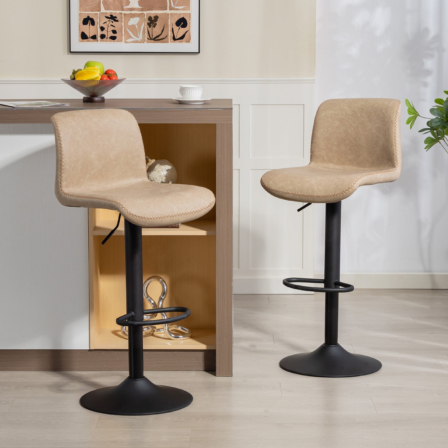 Bar Stools Set Of 2, PU Leather Barstools With Backrest And Footrest For Kitchen, Counter, Breakfast Bar, Light Brown