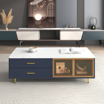 Modern Navy Blue Coffee Table With 2 Glass Door Storage, 4 Drawers, Gold Metal Legs, And Multi-Color Lighting In 47.2