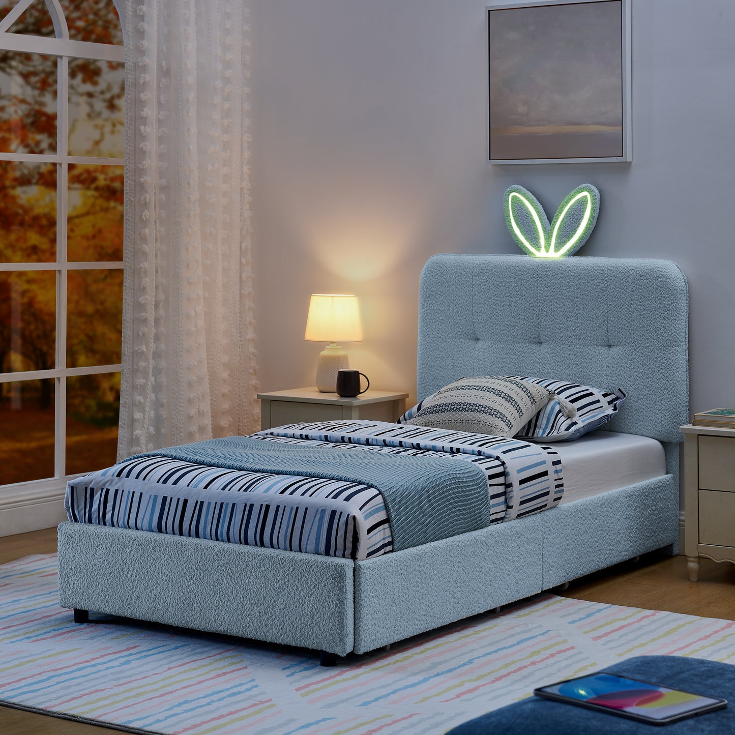 Twin Size Kids Upholstered Bed With Oversized Rabbit Ear Headboard, LED Light & 4 Storage Drawers, Boucle Fabric 79.5X40.75X41