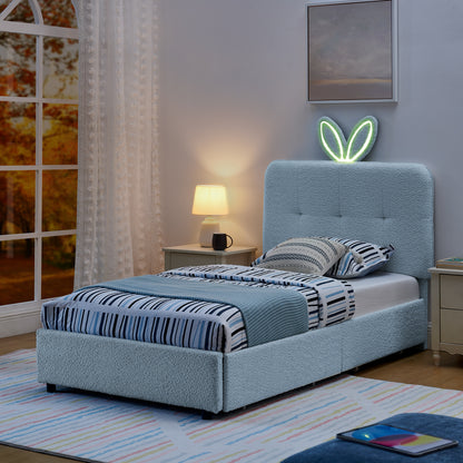 Twin Size Kids Upholstered Bed With Oversized Rabbit Ear Headboard, LED Light & 4 Storage Drawers, Boucle Fabric 79.5X40.75X41
