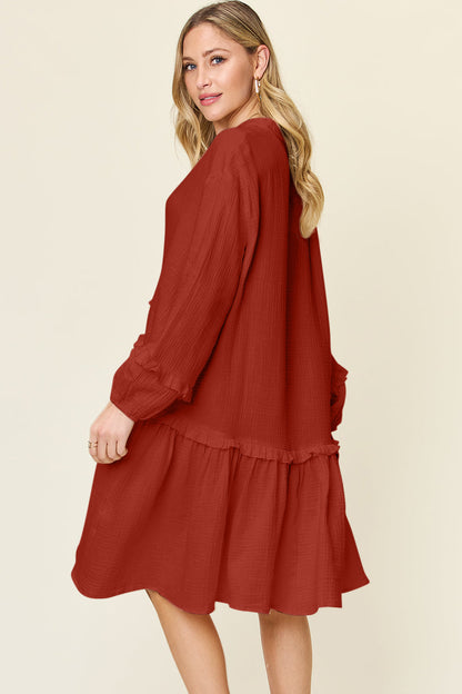 Textured Half-Button Ruffle Trim Dress