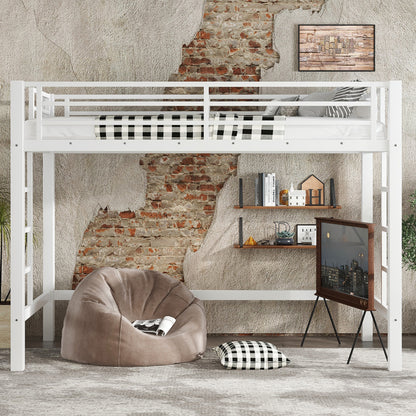 Twin XL Size Metal Loft Bed, Loft Bed With Easy Climbing Ladder And Guardrails , White