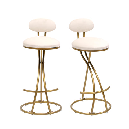 Round Bar Stool Armless Velvet Barstools With Back Set Of 2 Upholstered Counter Chair For Dining Room, Kitchen Island Gold  Creamy White