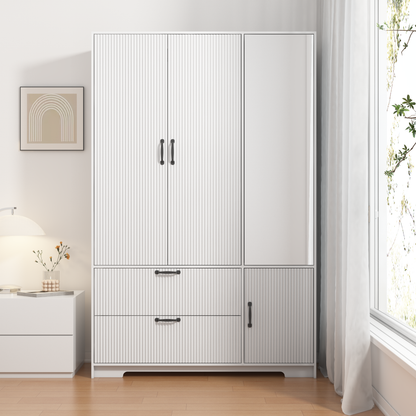 4 Doors Wardrobe Closet With Mirror, LED Wardrobe With Doors And 2 Drawers, Wooden Wardrobe Storage Cabinet With Hanging Rod, Adjustable Shelves, White