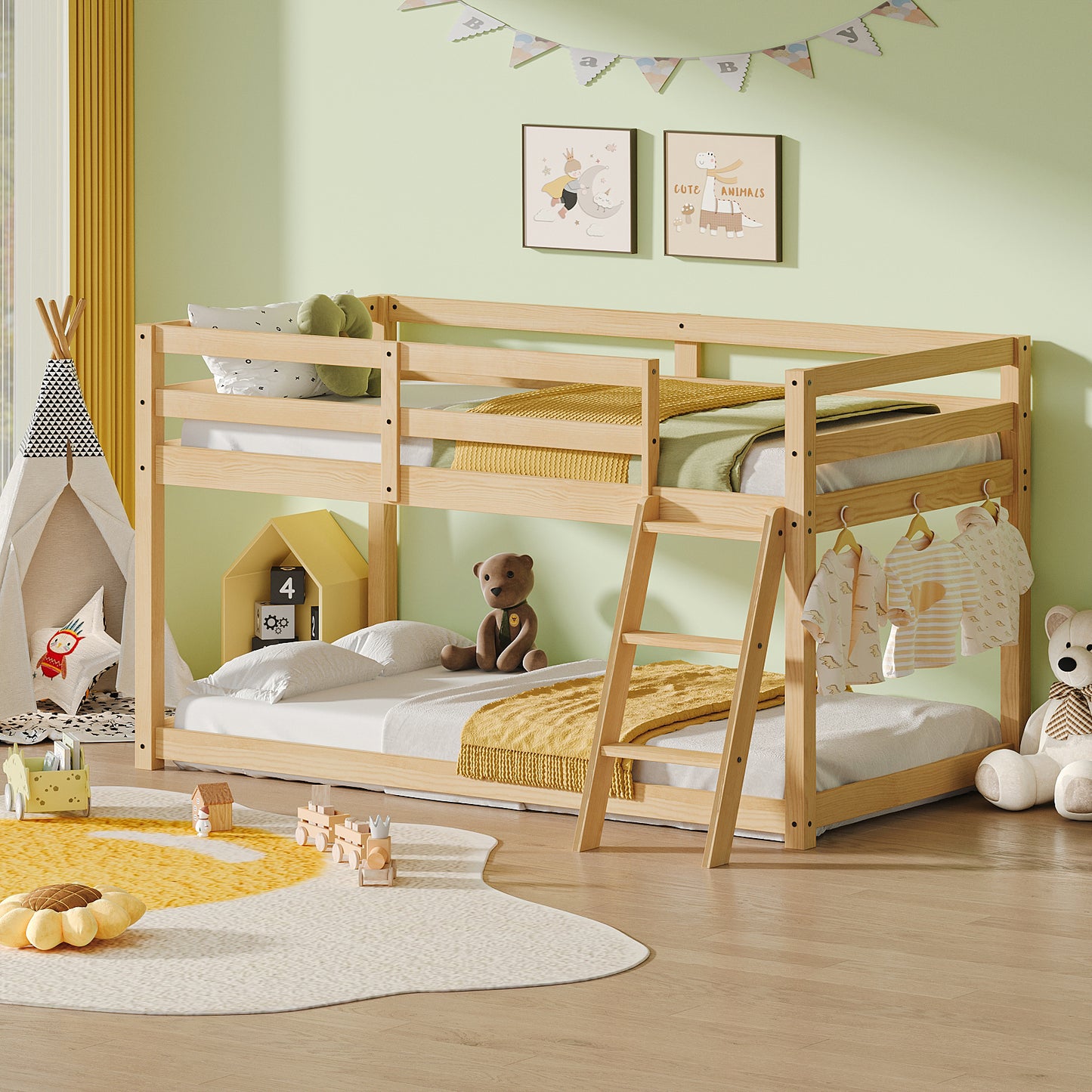 Kids Twin Low Loft Bed - Convertible To Bunk Bed, Solid Wood Modern Bed Frame With LED Strip Lighting, OAK.