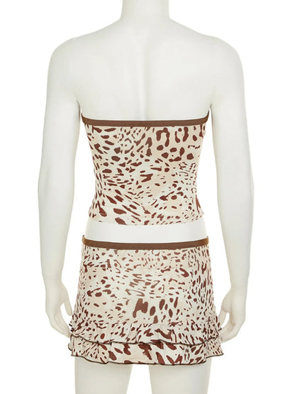 Leopard Print Strapless Top and Skirt Two-Piece Set