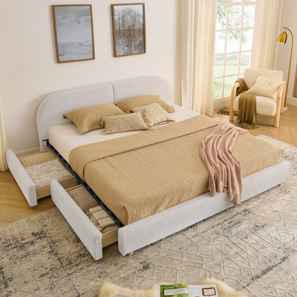 King Size Upholstered Bed Frame Modern Minimalist Style - Circle Yarn Fabric, Tall Curved Headboard, Sturdy Leg Support & Wheeled Drawer Storage, Mattress Not Included -Beige