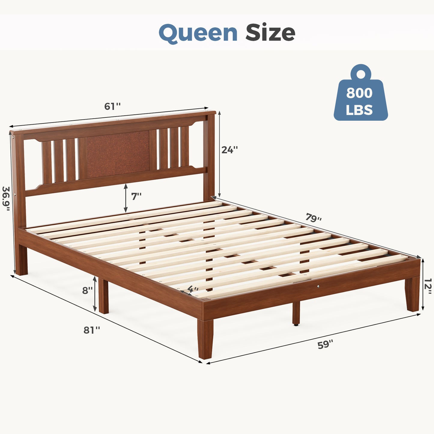 Solid Wooden Bed Frame With Headboard, Sturdy Wooden Crossbars For Support, Heavy Pine Bedroom Bed Frame