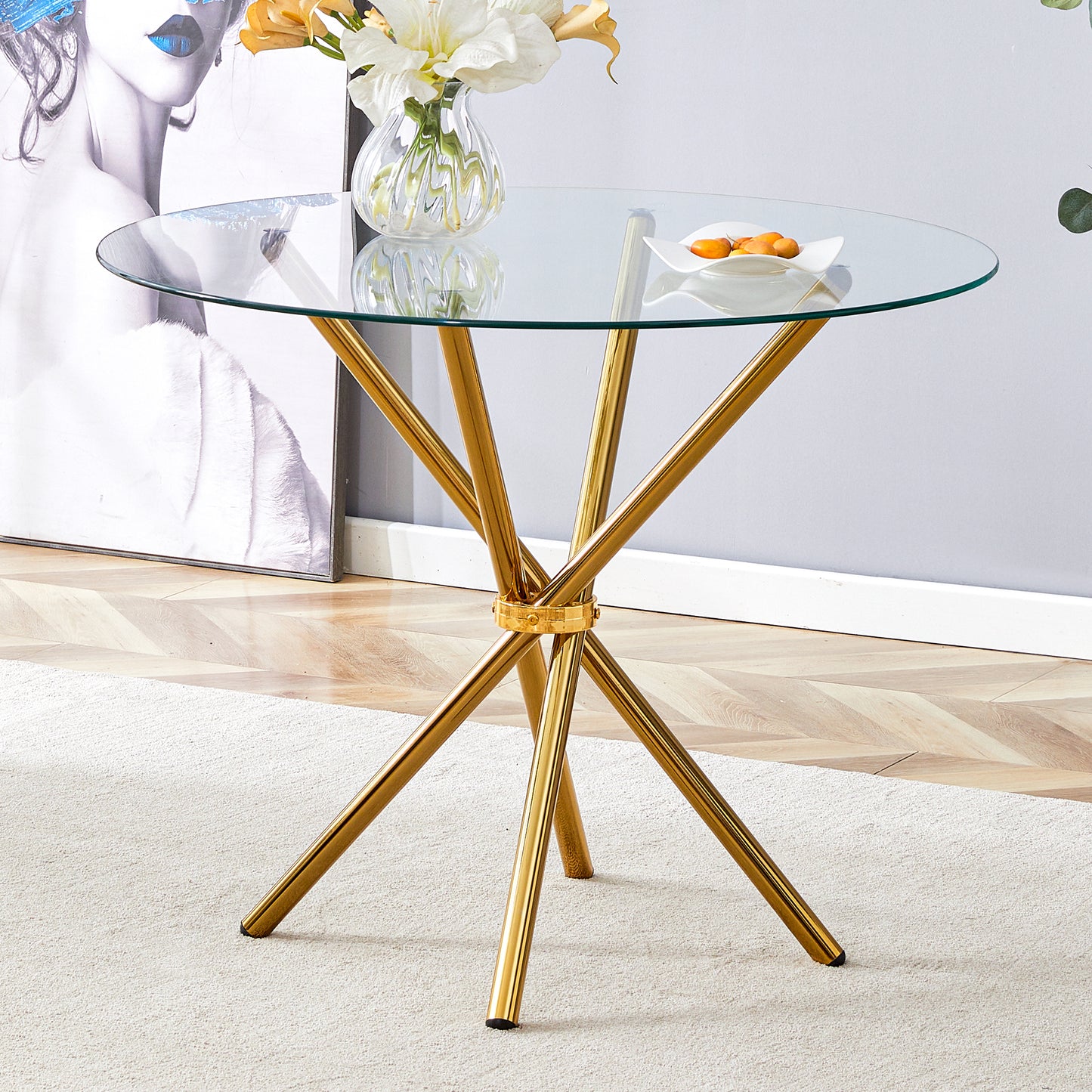 Round Clear Glass Dining Table With A Unique Shape For 4-6 People, With Ring-shaped Gathered Gold Metal Legs, Suitable For Desks, Kitchens, Terraces, Dining Rooms. W1151P208338