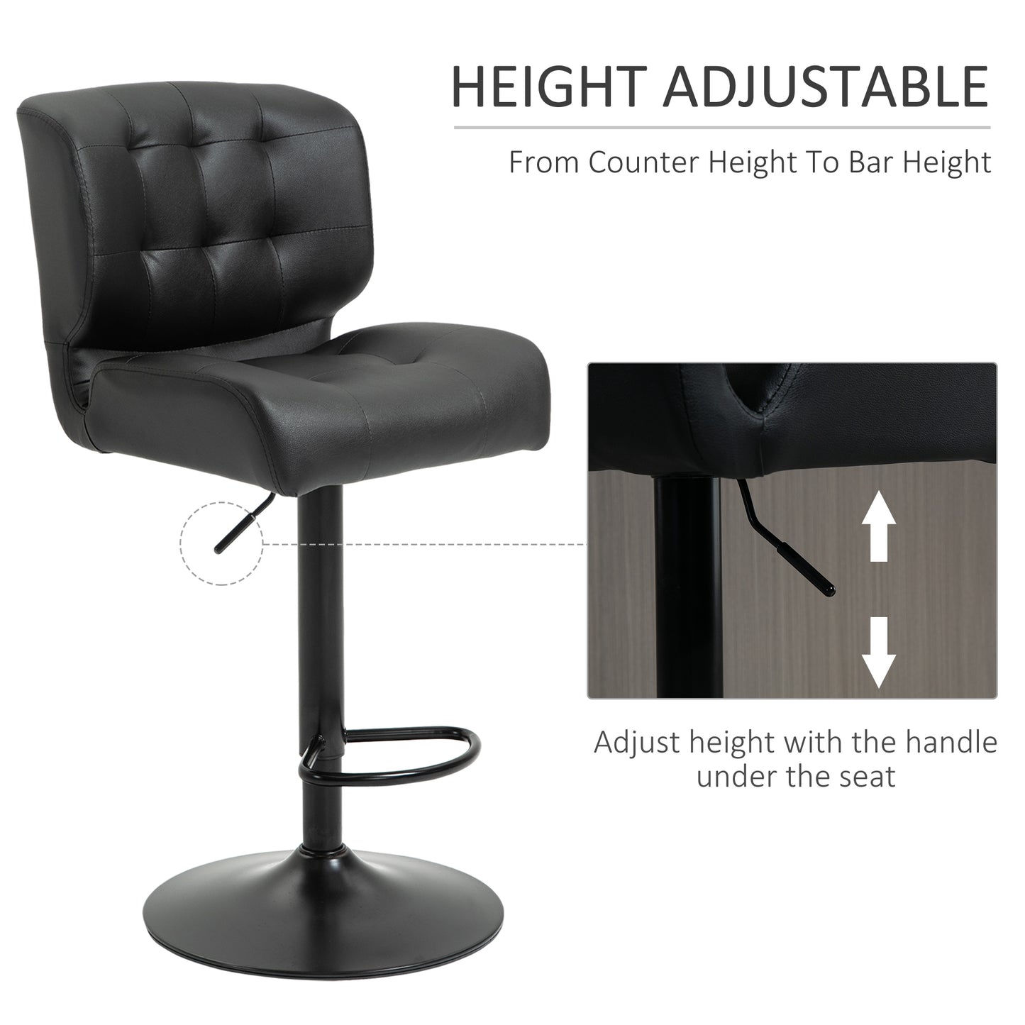 Bar Height Bar Stools Set Of 2 With Adjustable Seat, Adjustable Swivel Barstools With Thick Padded Cushion And Metal Footrest For Home Bar, Black