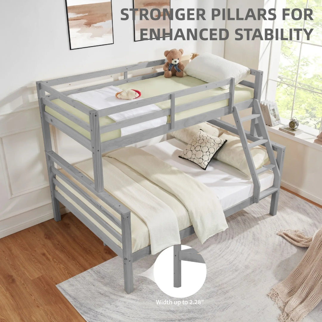 Twin Over Full Bunk Bed With Thick Posts,Wooden Bunk Bed With High Guardrail And Ladder For Kids, Teens, Dorm Rooms, And Guest Rooms,No Box Spring Needed,Grey