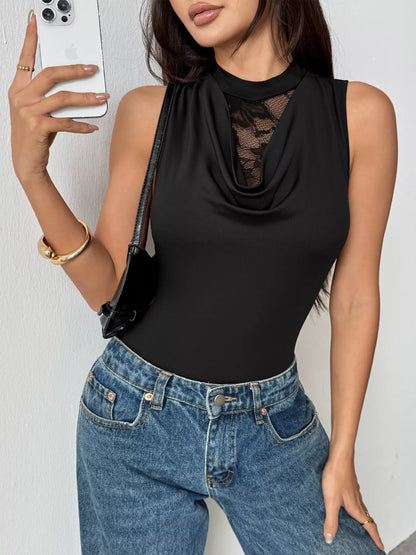 Lace Panel Cowl Neck Sleeveless Bodysuit