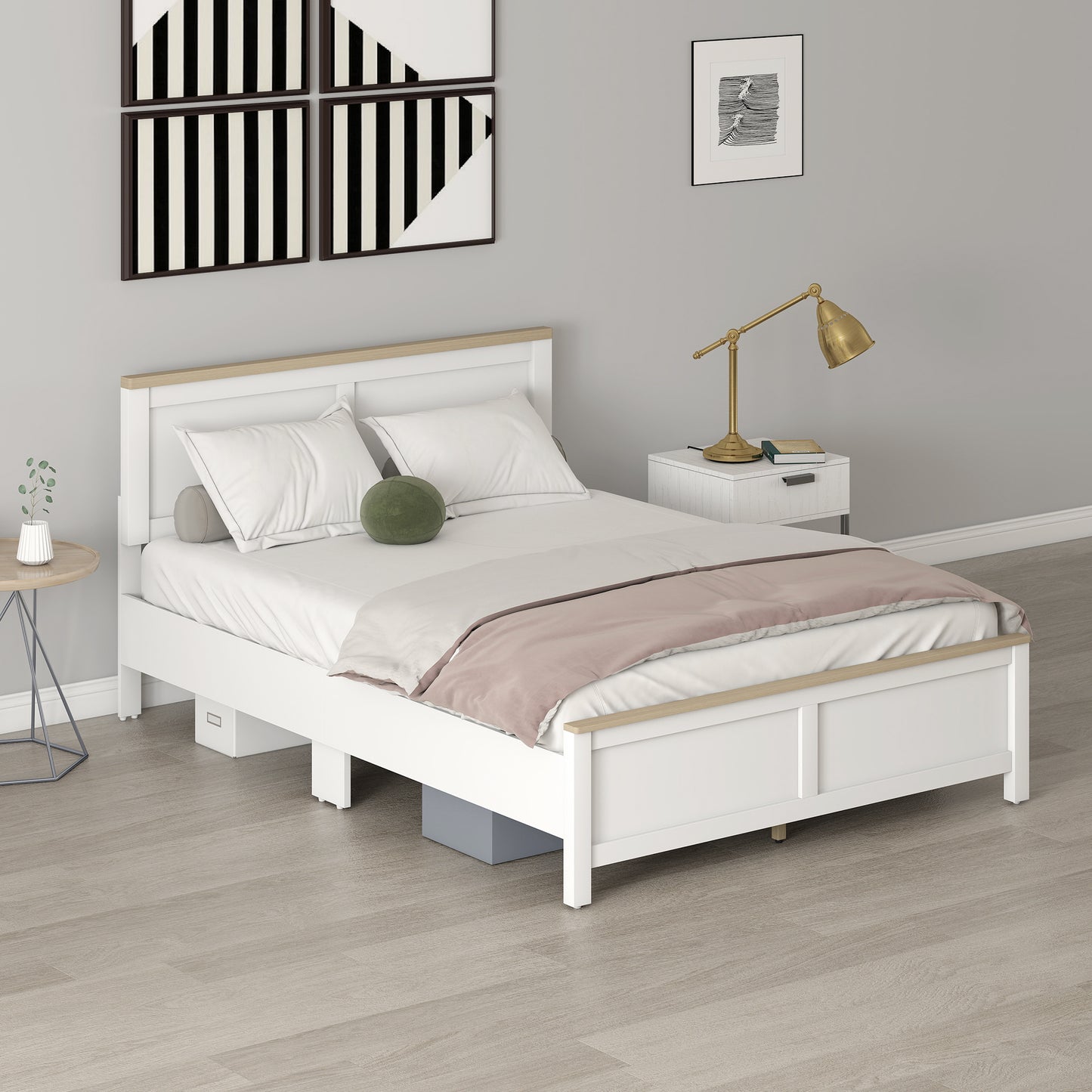 Full Bed Frame with Headboard, Modern Platform Bed Frame with Wooden Slats, No Box Spring Needed, Easy Assembly, White